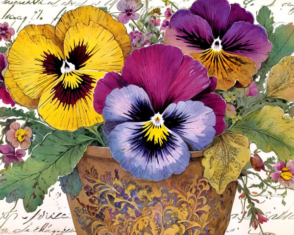 Vibrant Pansy Bouquet in Decorative Pot with Vintage Aesthetic