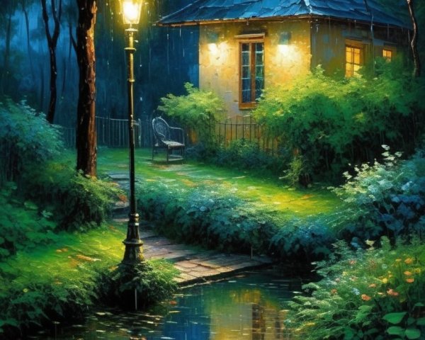 Cozy Cottage by Serene Pond on a Rainy Evening