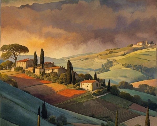 Serene Landscape with Rolling Hills and Charming Villas