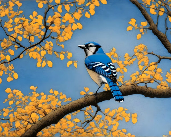 Blue Jay on Branch with Autumn Leaves and Sky