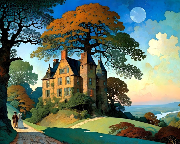 Whimsical Dreamlike Scene of a Grand House and Trees