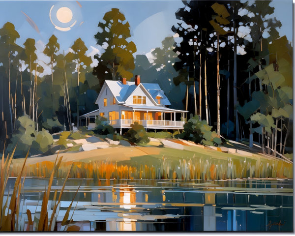 Cozy House on Hill by Tranquil Lake at Night
