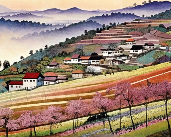 Serene Landscape of Rolling Hills and Cherry Blossoms