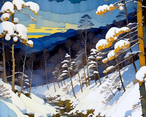 Serene winter landscape with snow-covered pines and river