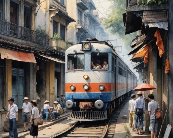 Vintage Train in Lively Urban Alley Scene