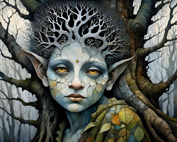 Surreal Figure with Tree-Like Hair and Mosaic Skin
