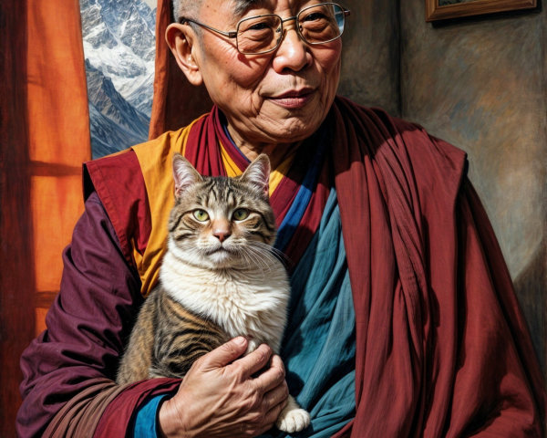 Monk with Tabby Cat in Serene Mountain Room