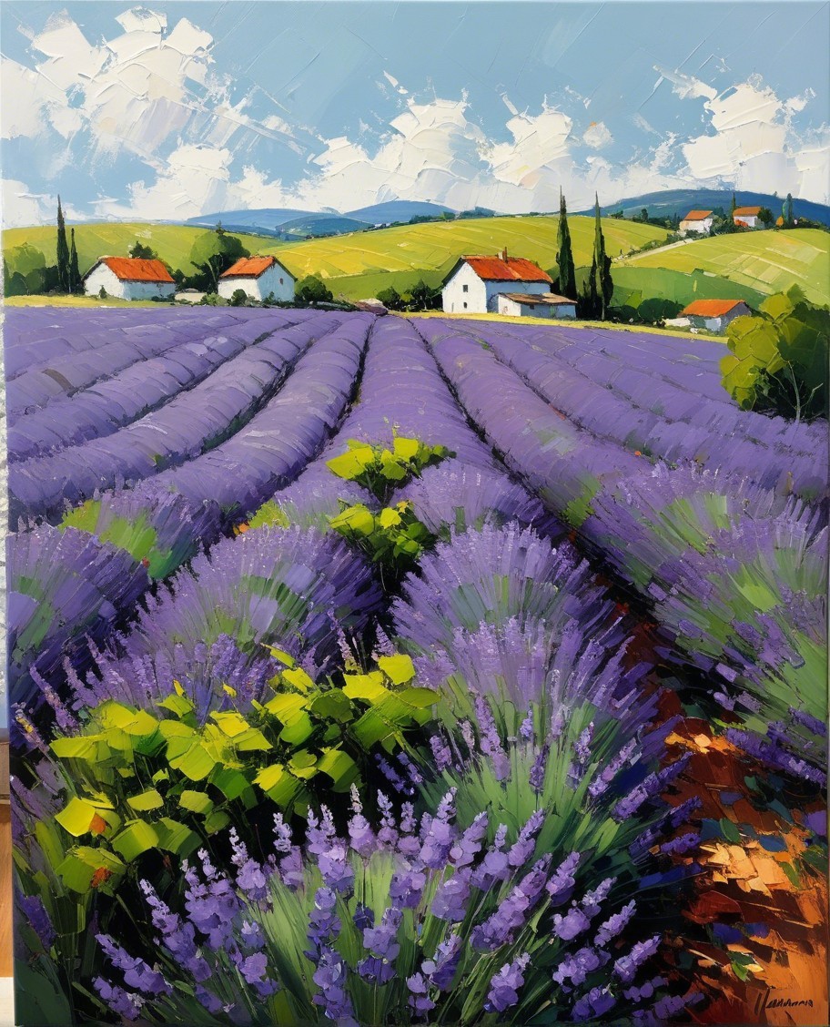 Lavender Fields Under Blue Sky with Rolling Hills