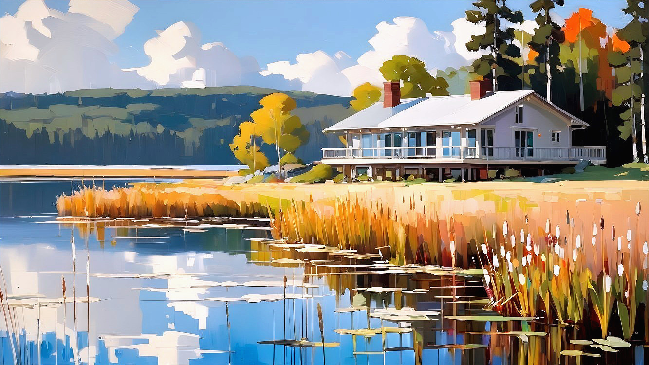 Digital Painting of a Lake House Surrounded by Forest