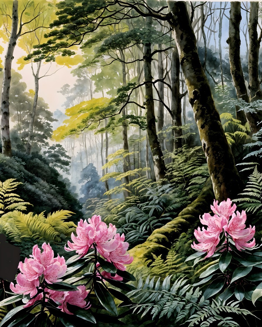 Tranquil Forest Scene with Lush Foliage and Blooms