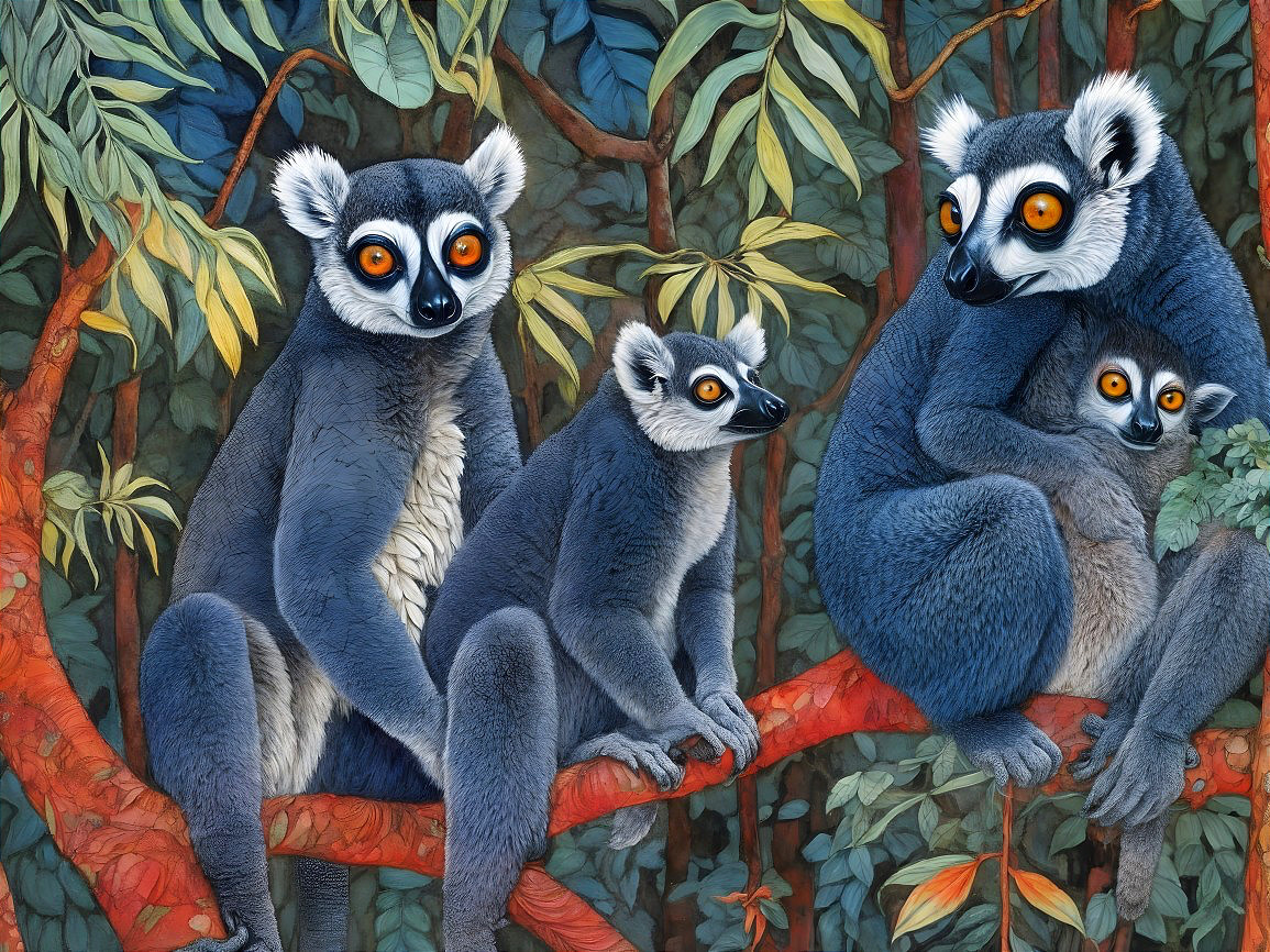 Lemurs on Red Branch in Lush Jungle Environment