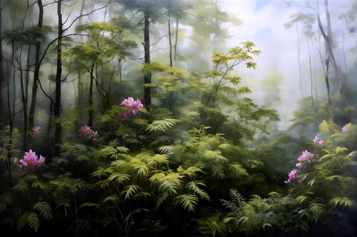 Serene Forest Scene with Lush Greenery and Fog