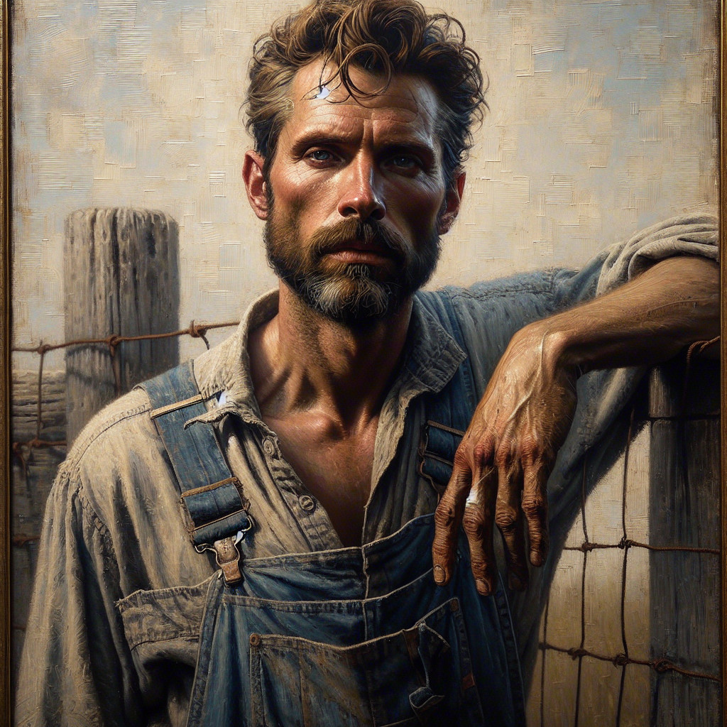 Rugged Man in Gray Shirt and Blue Overalls by Fence