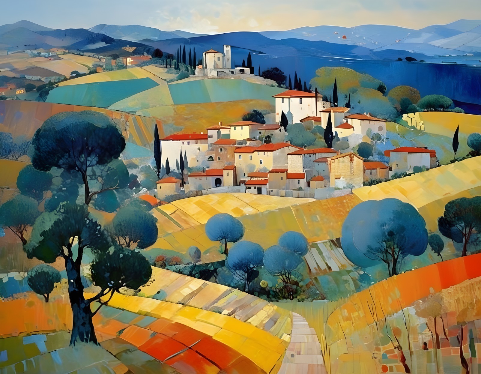 Vibrant Countryside Landscape with Village and Castle