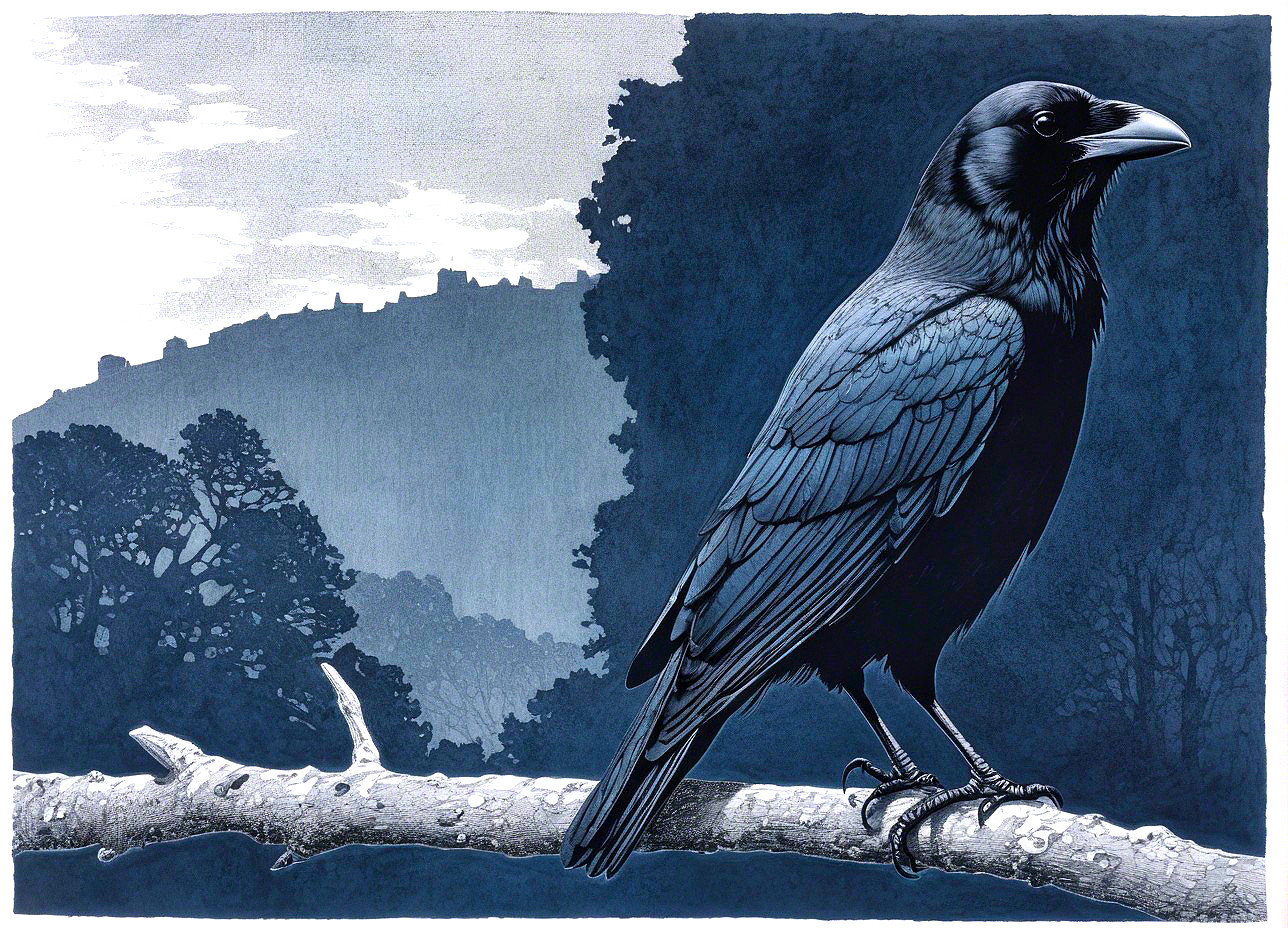 Illustration of a raven on a branch in misty landscape