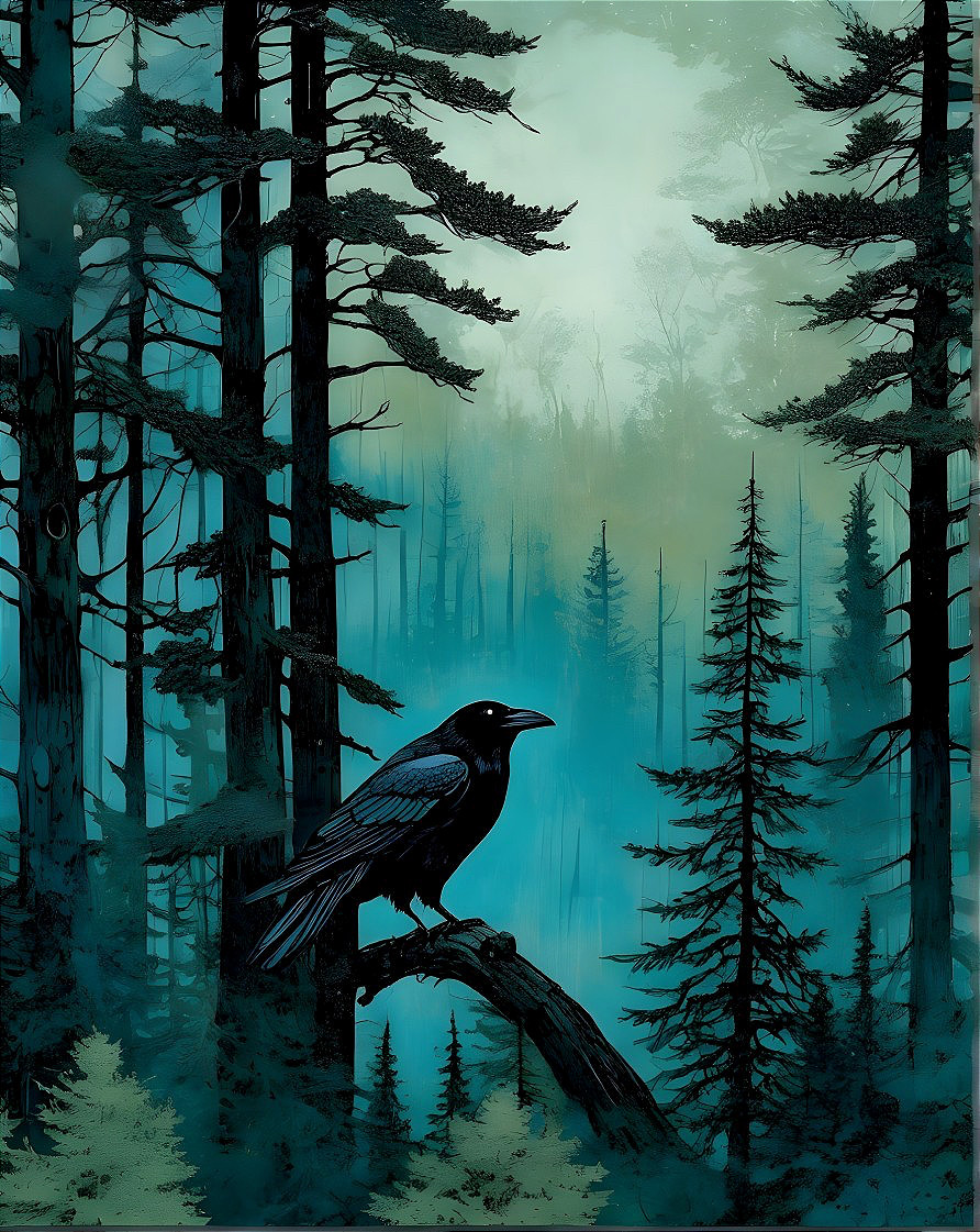 Misty Forest with Tall Trees and a Raven Silhouette