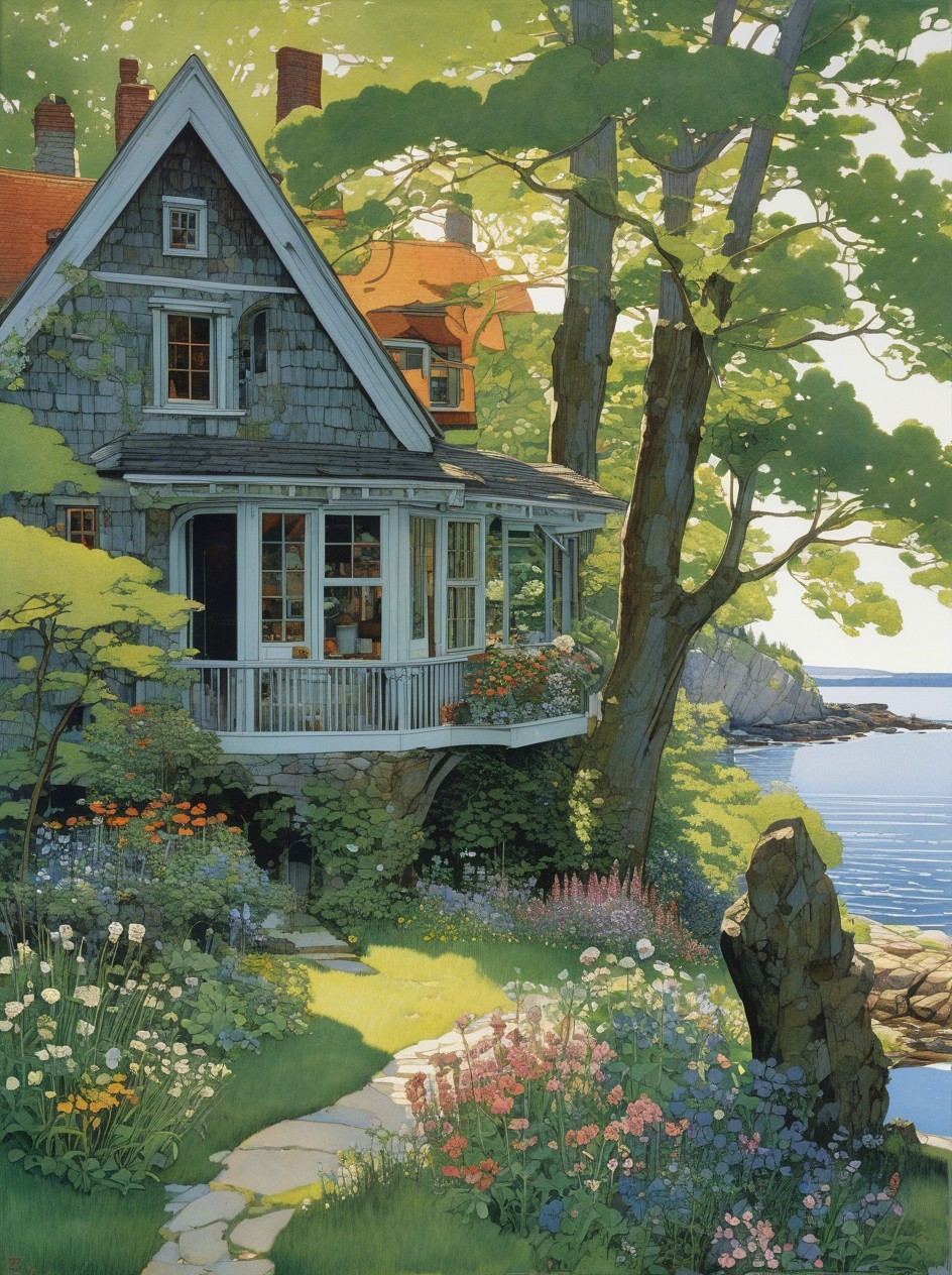 Coastal Cottage with Wraparound Porch and Lush Greenery