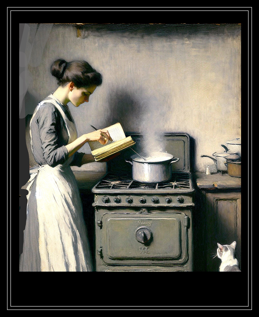Woman in period attire cooking in a vintage kitchen