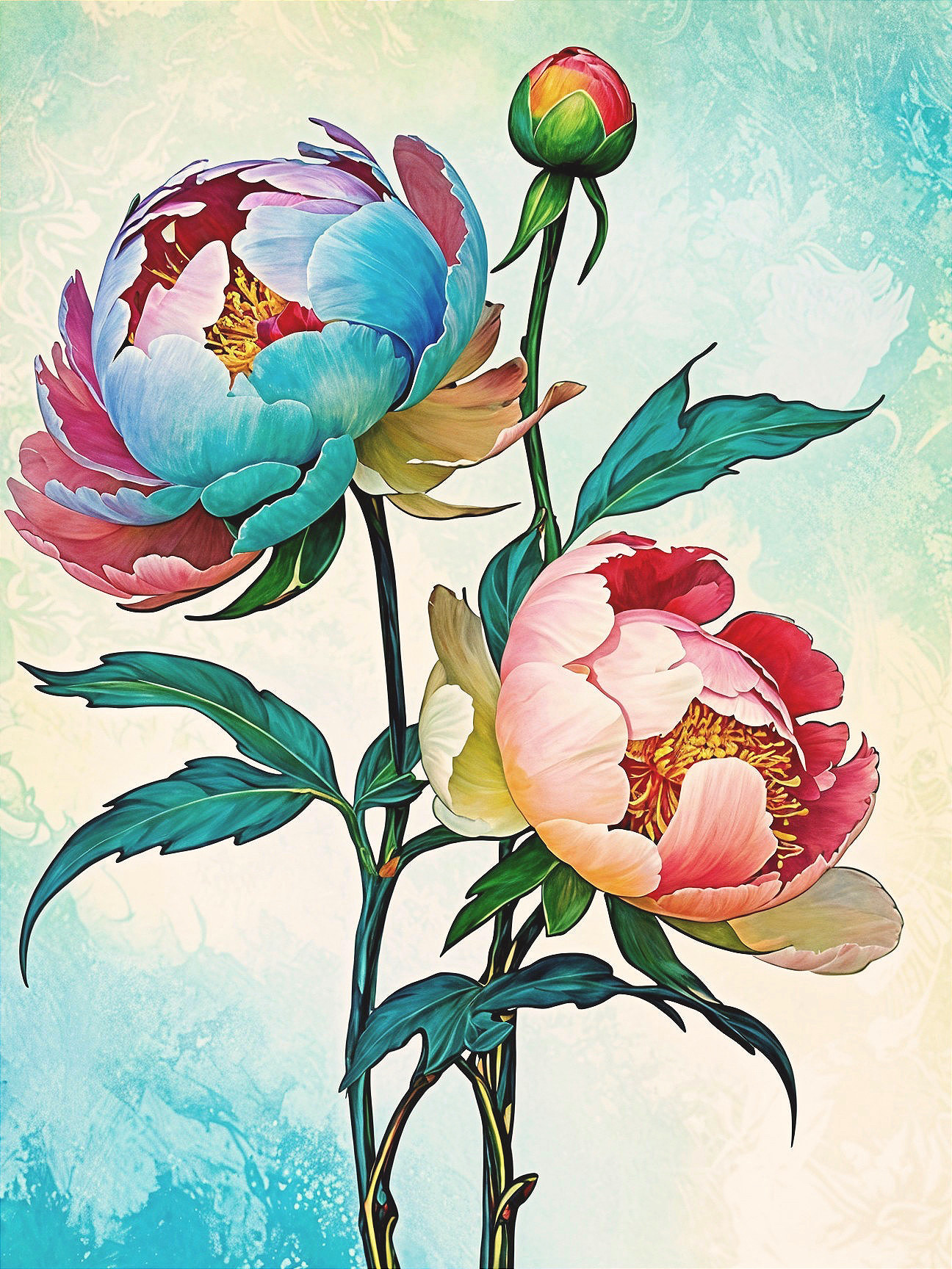 Vibrant Digital Illustration of Two Peonies and Budding Bloom