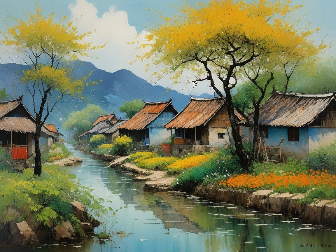 Serene Landscape with Thatched Houses and River