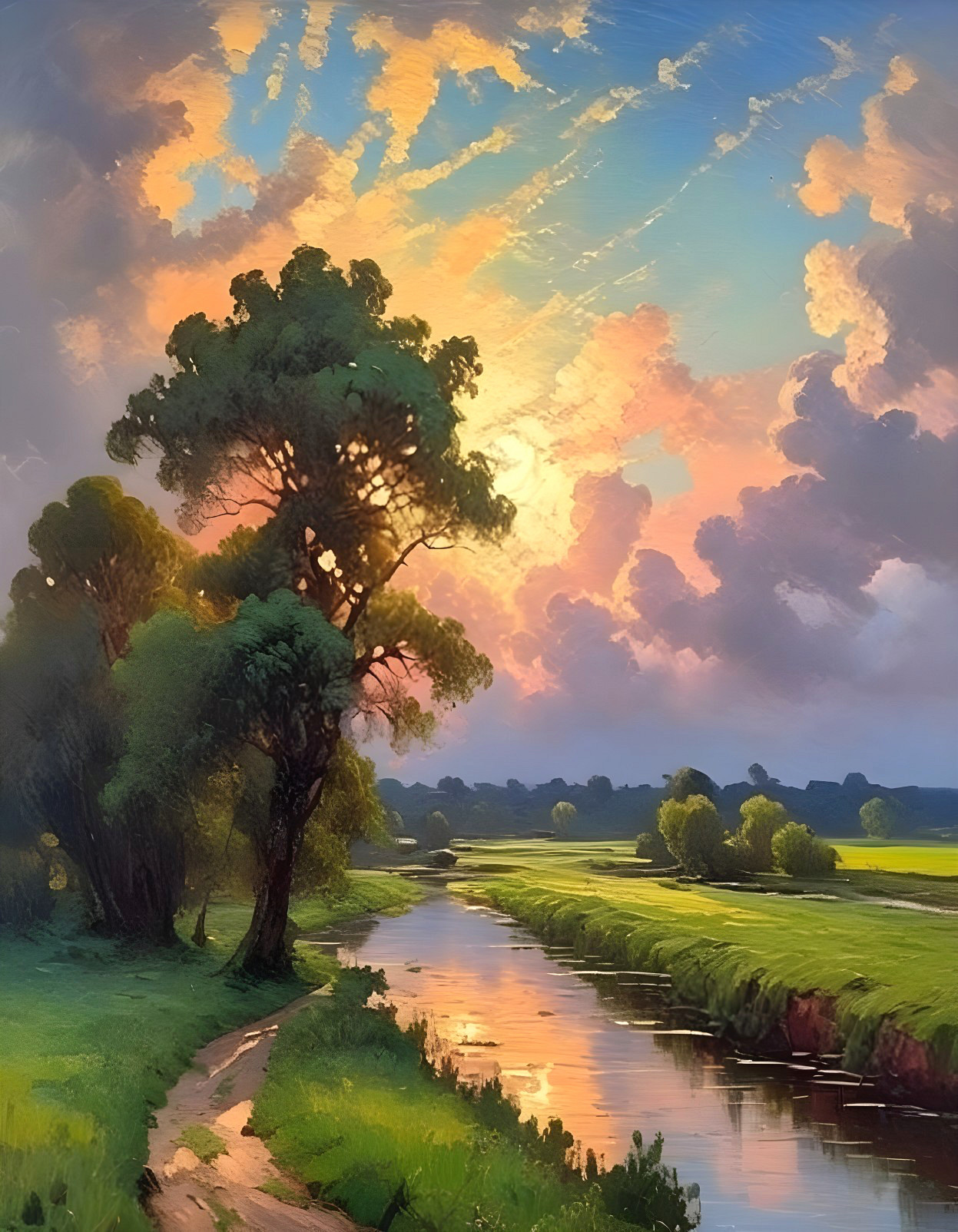 Serene Landscape with Winding River and Sunset