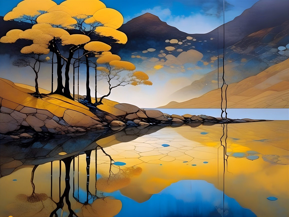 Serene Landscape with Vibrant Yellow Foliage and Mountains
