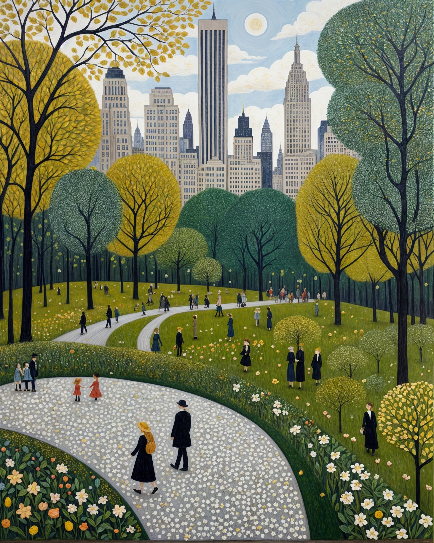 Vibrant Park Scene with People and Urban Skyline