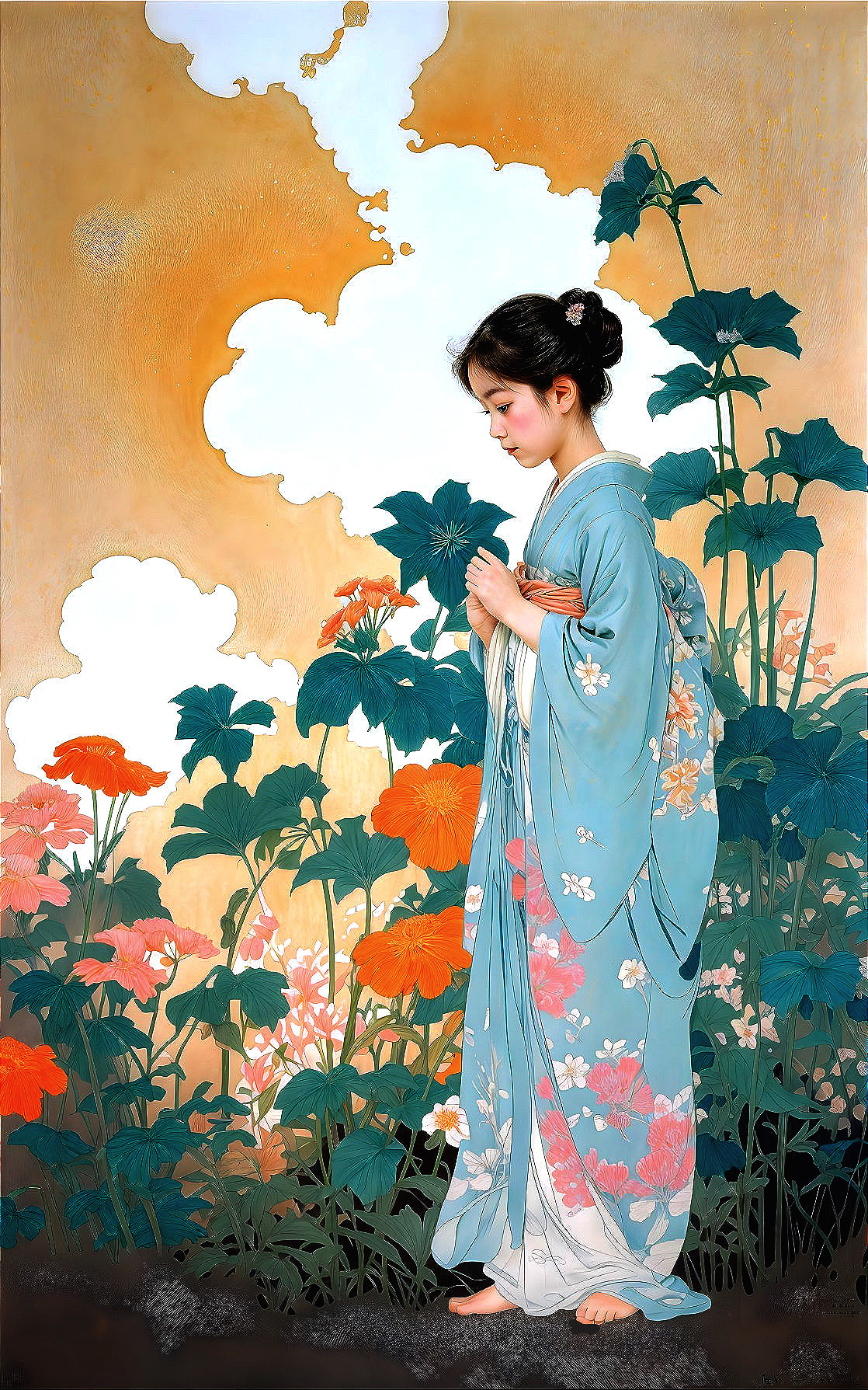 Young girl in blue kimono among vibrant flowers