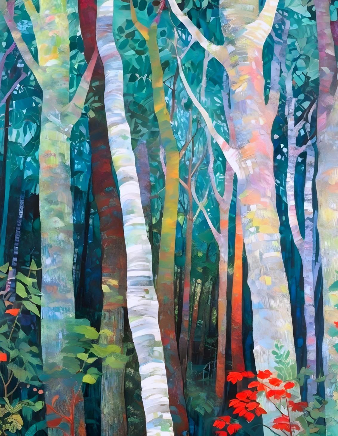 Vibrant Forest Scene with Colorful Trees and Flowers