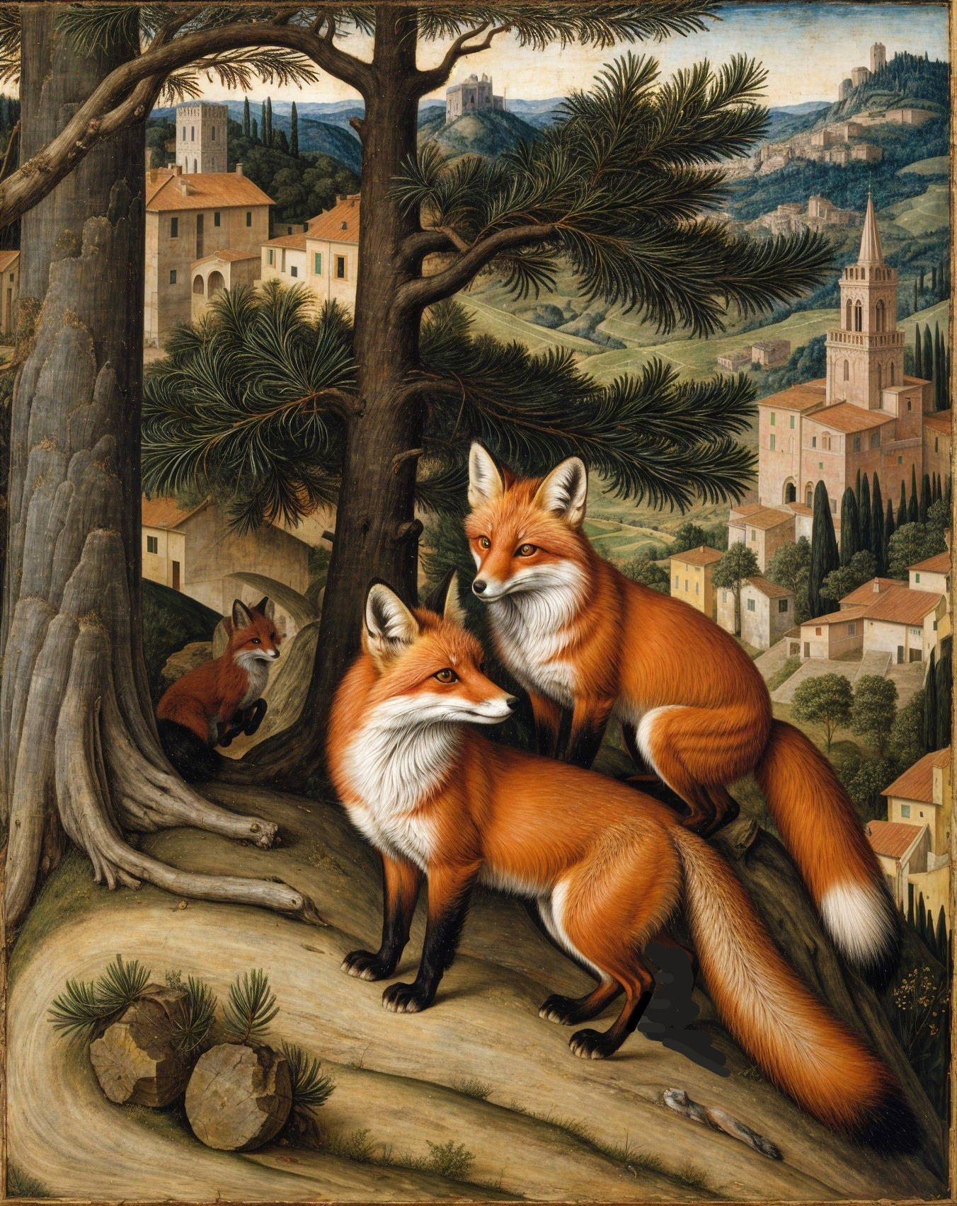 Serene landscape with three foxes and rolling hills