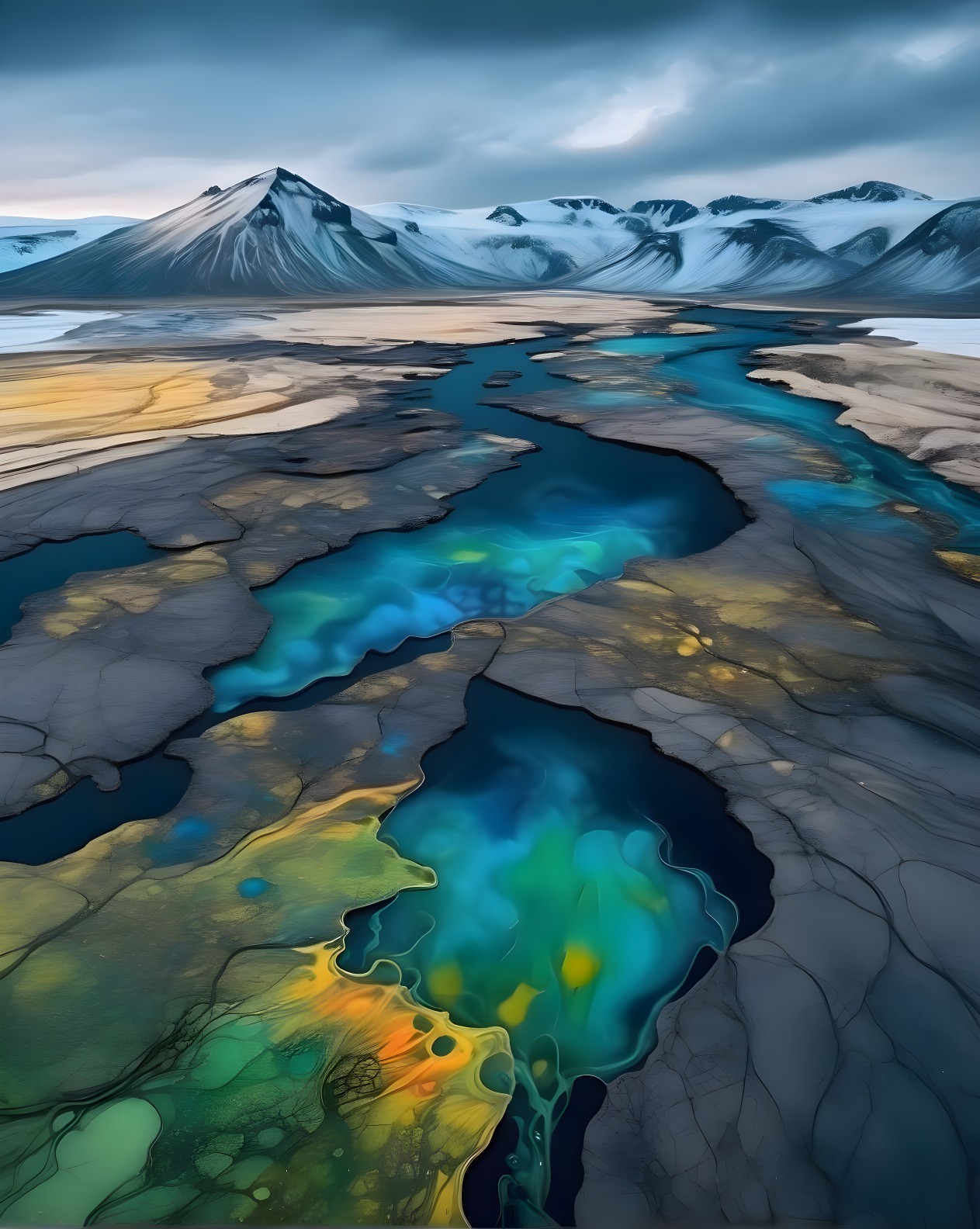 Aerial View of Diverse Landscape with Winding River