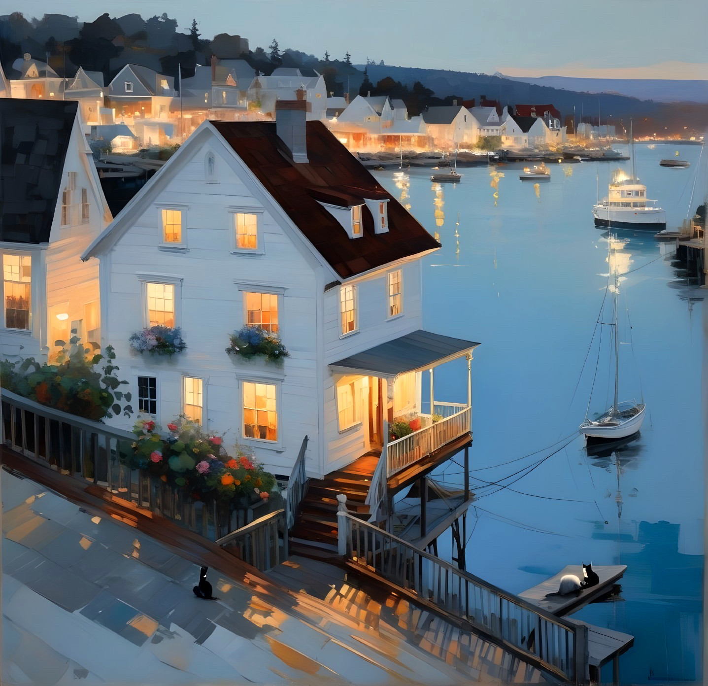 Charming Coastal House at Twilight Overlooking Harbor