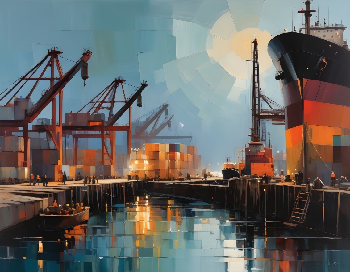 Vibrant Port Scene with Cargo Ships and Cranes