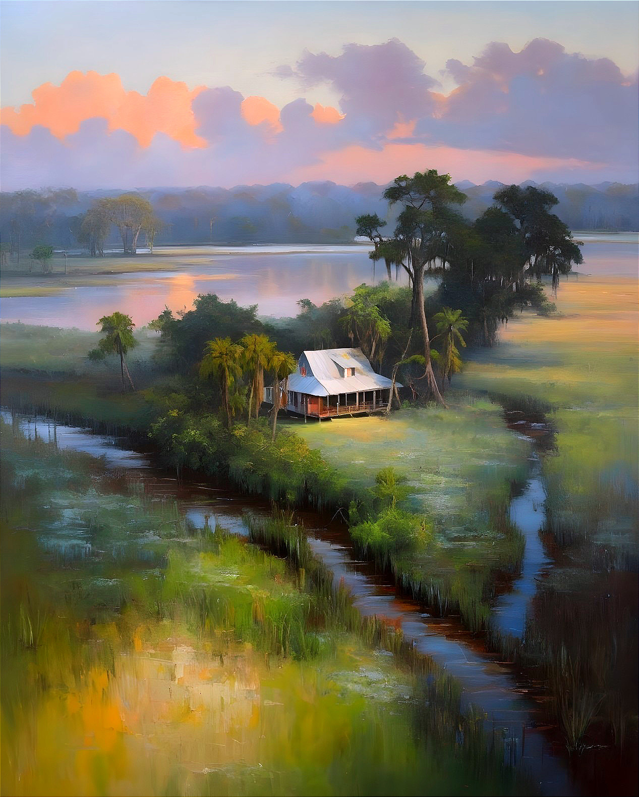 Serene Landscape with House and Meandering Creek
