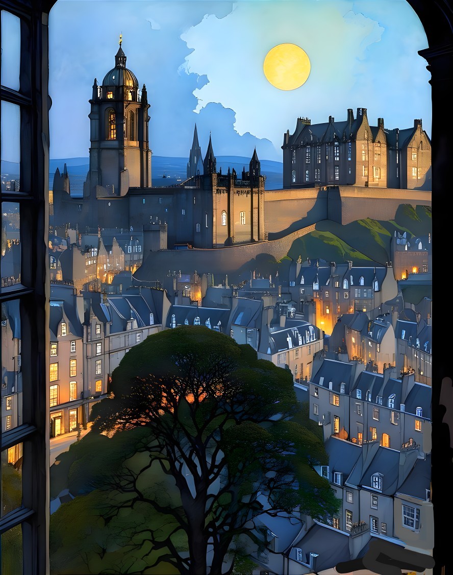 Twilight Cityscape with Historic Architecture and Castle