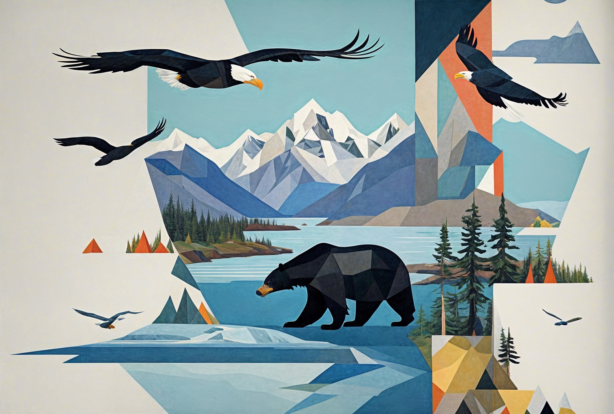 Stylized landscape with mountains, lake, and wildlife