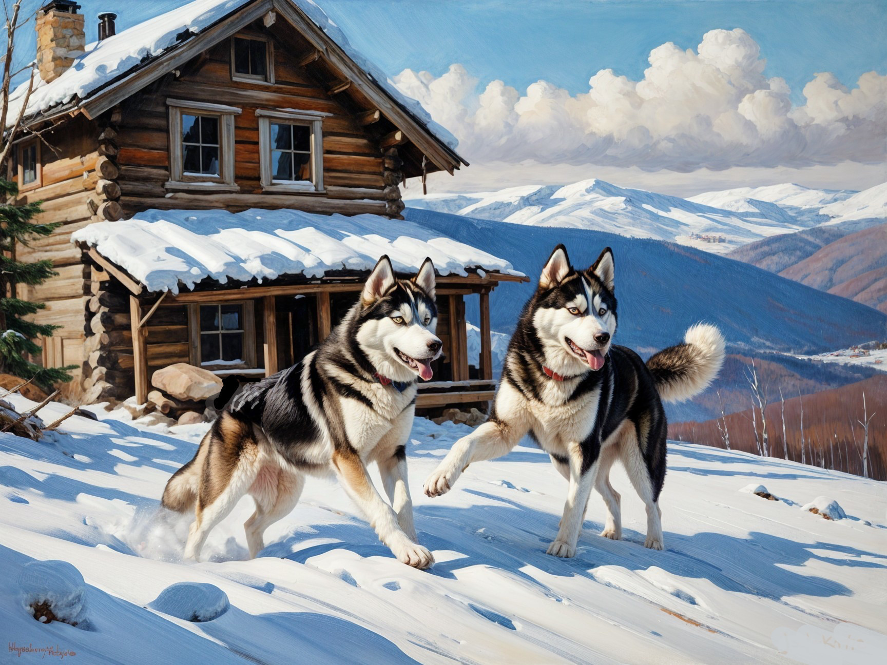 Huskies Playing in Snowy Landscape with Log Cabin