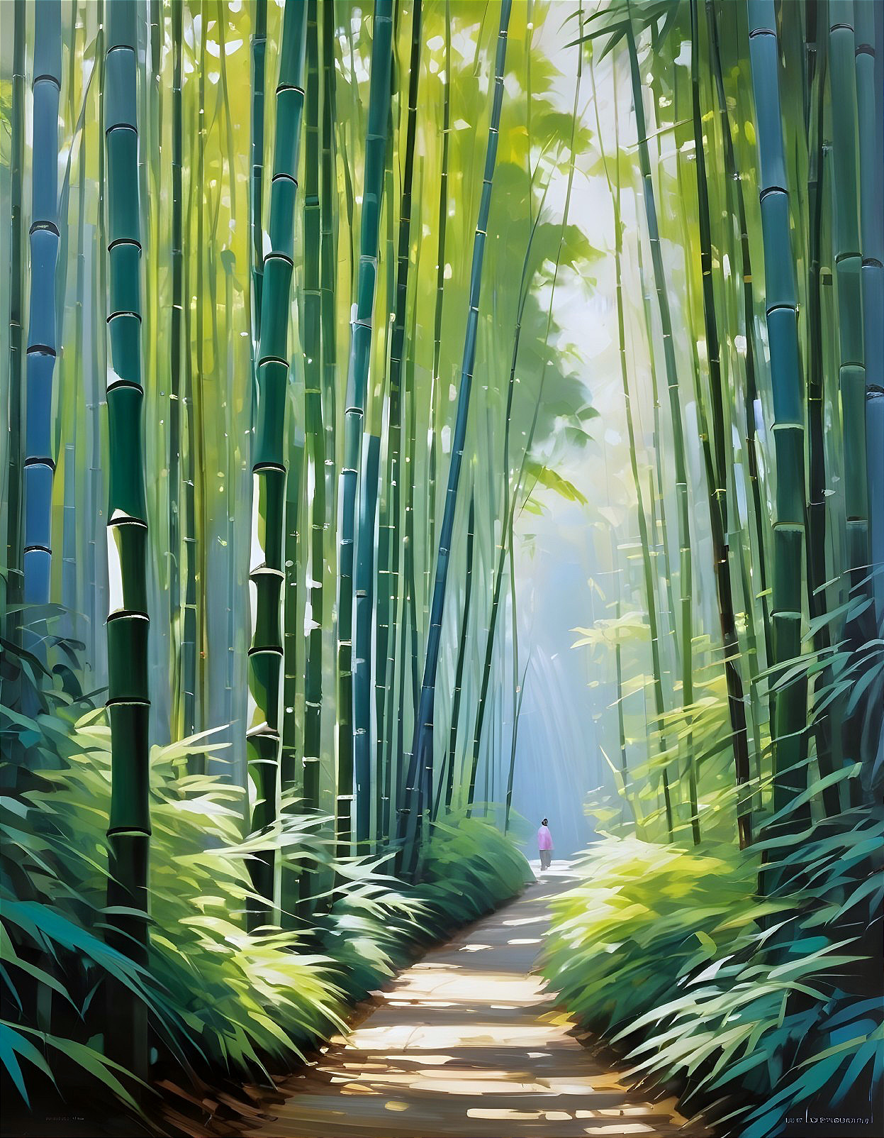 Tranquil Bamboo Forest with Sunlit Pathway