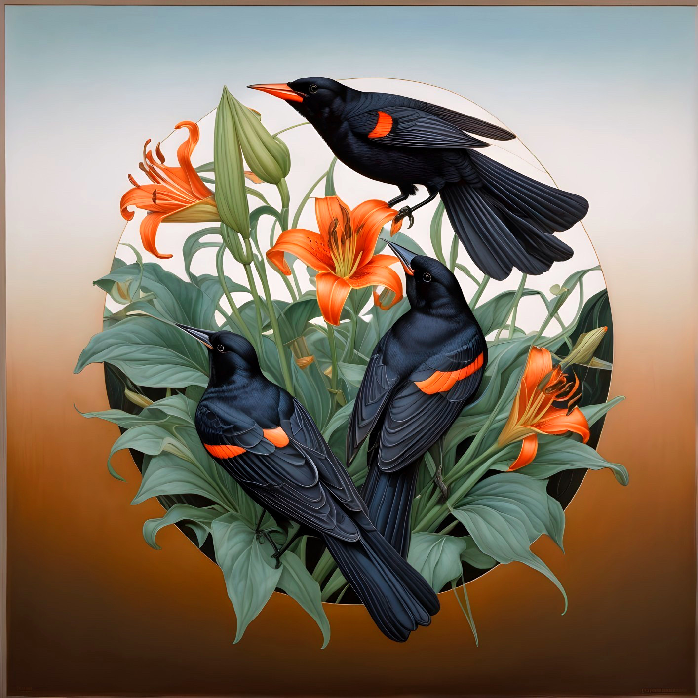 Three Blackbirds with Orange Patches Among Lilies