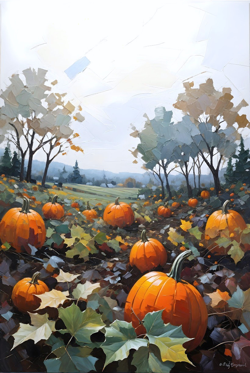 Serene Pumpkin Patch on a Cloudy Autumn Day