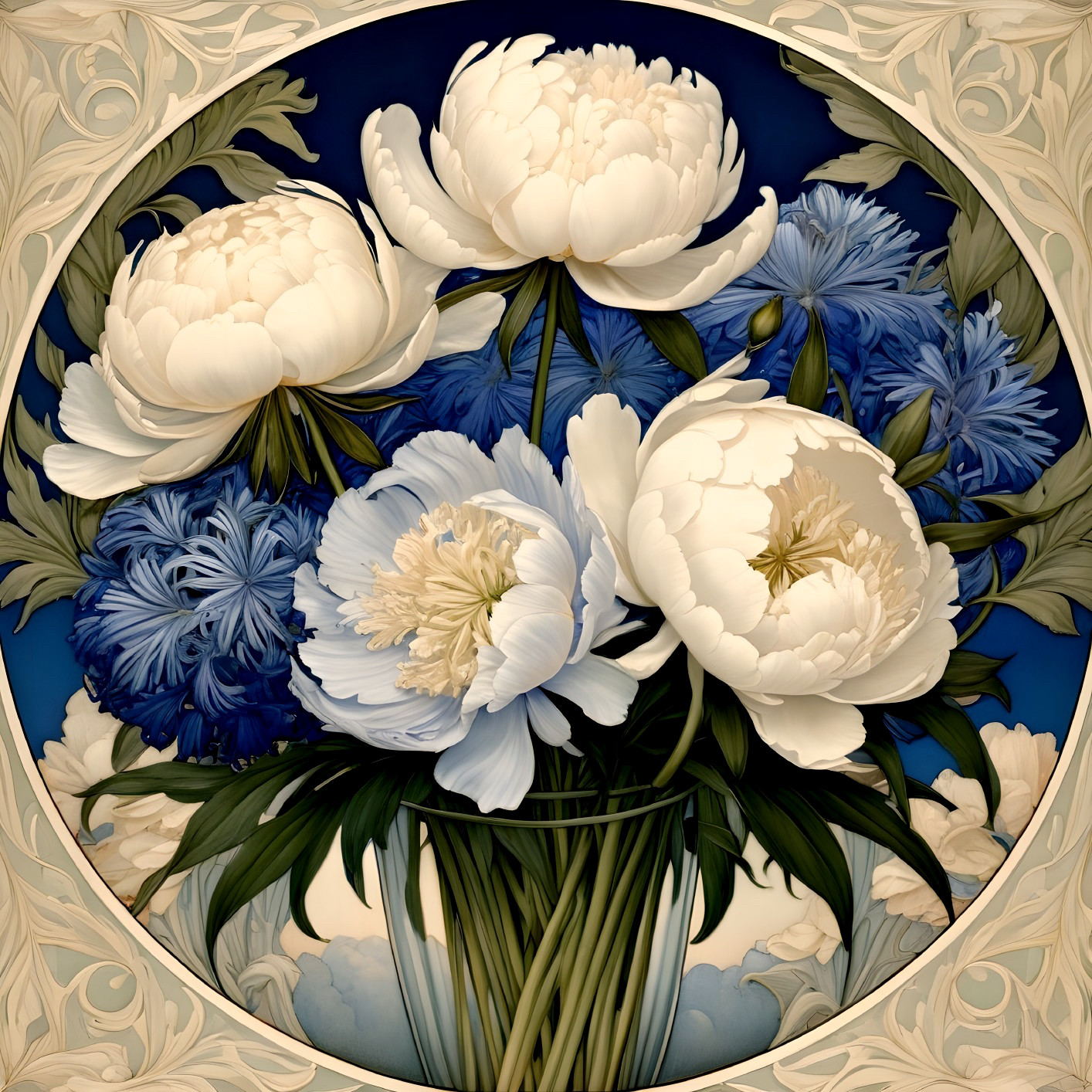 Elegant Bouquet of White Peonies and Blue Flowers