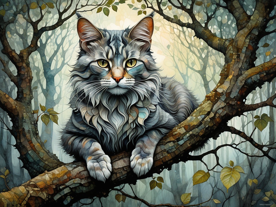 Gray Feline on Tree Branch in Ethereal Forest