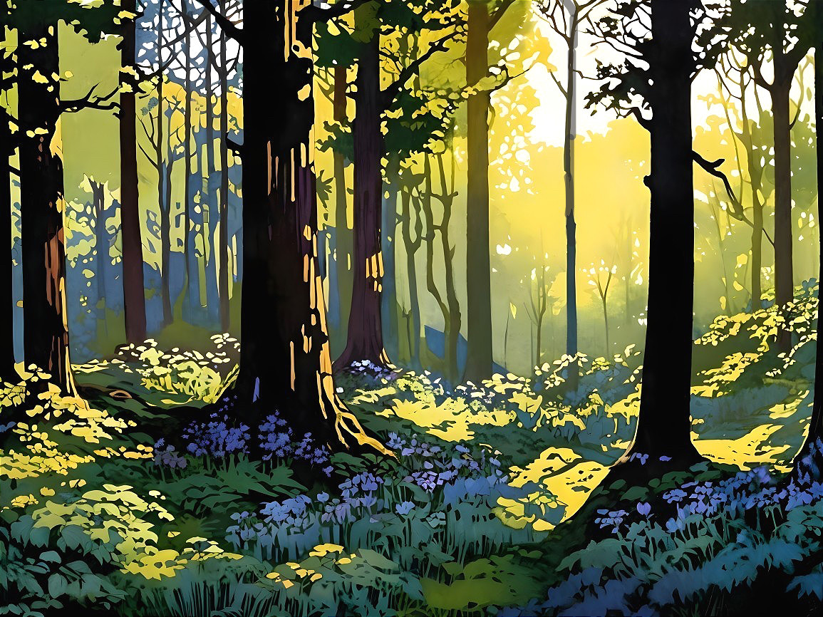 Serene Forest Scene with Golden Sunlight and Wildflowers