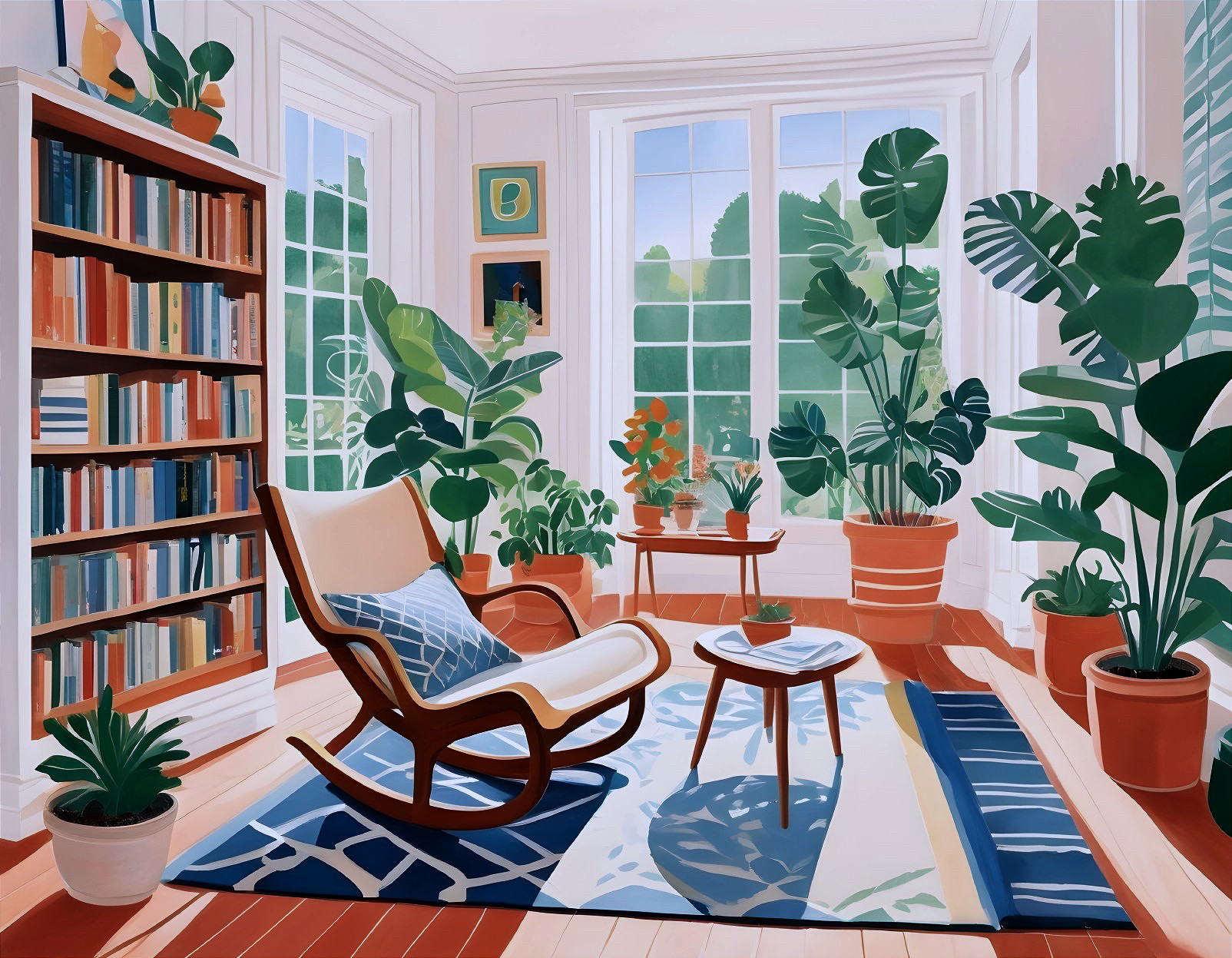 Bright Room with Plants and Cozy Reading Nook