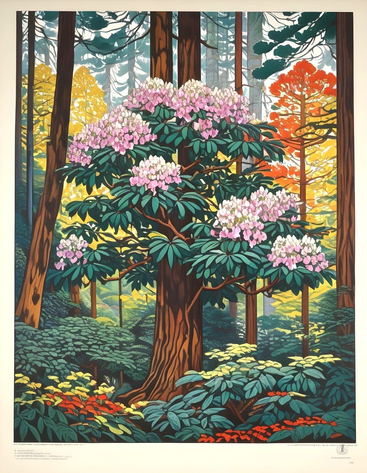 Vibrant forest scene with blooming rhododendrons and autumn foliage