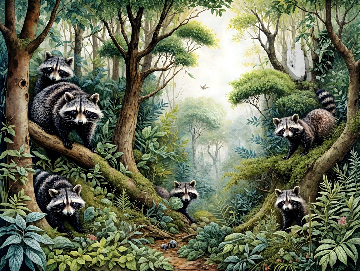 Five Raccoons Exploring a Dense Forest Habitat