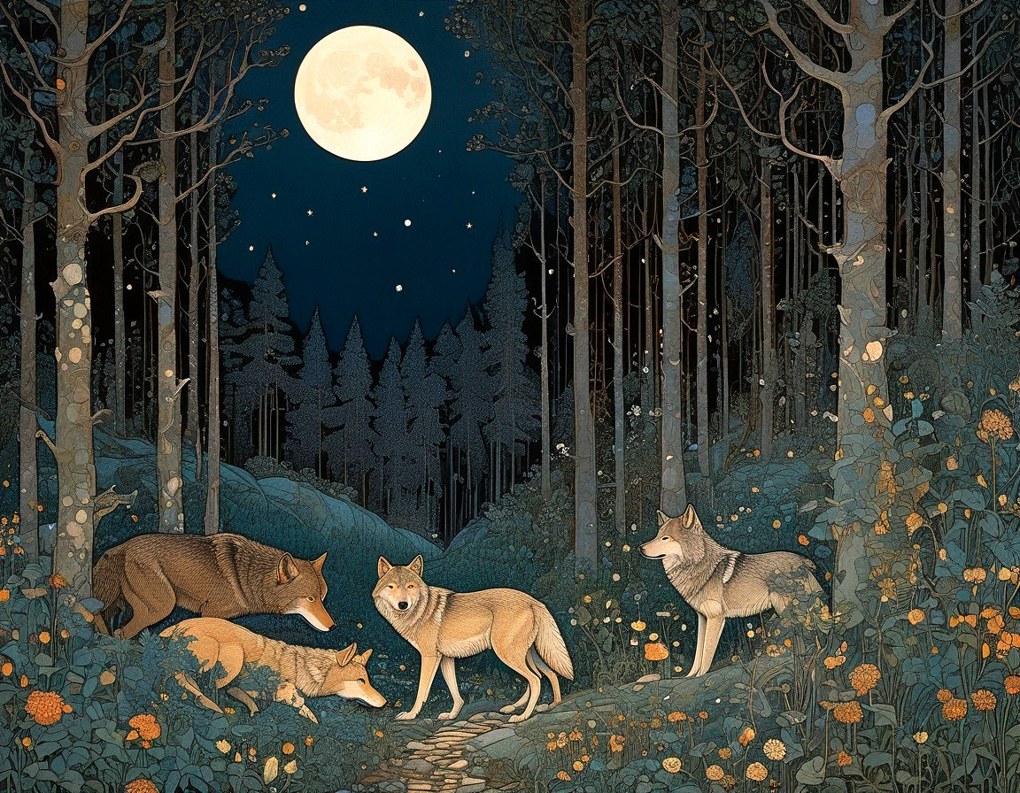 Nocturnal forest scene with wolves under full moon