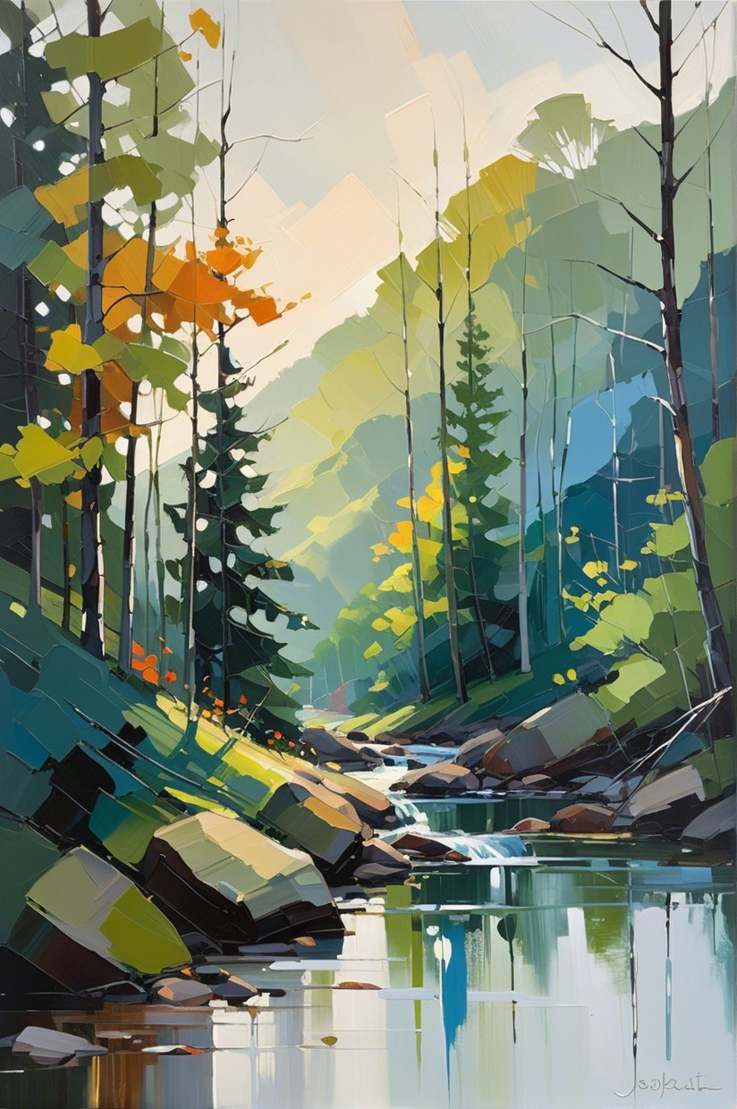 Serene Landscape with Winding Stream and Trees