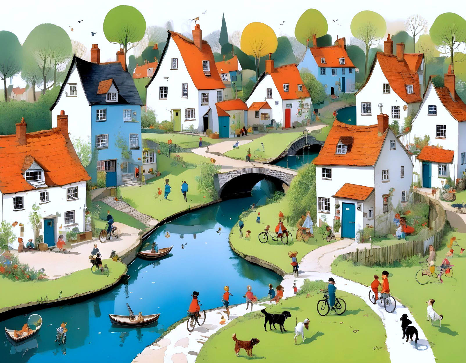 Charming Village Scene with Cottages and Serene River