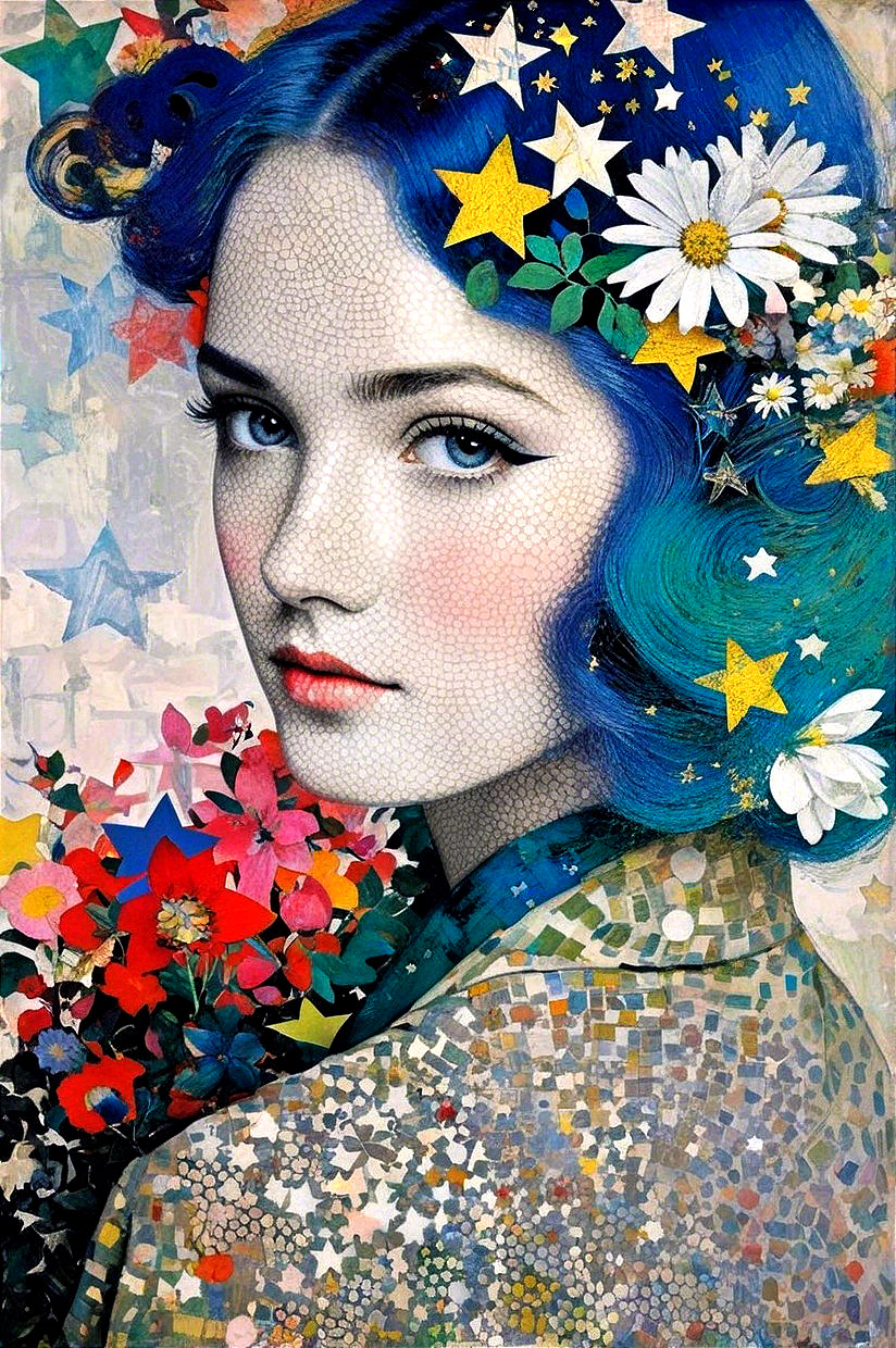 Young woman with blue hair and floral decorations